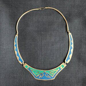 Vintage Aztec style bib choker necklace pendant Alpaca silver Mexico.